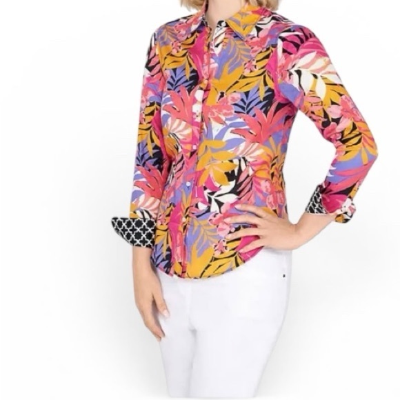 Ruby Rd. Tops - Vibrant Tropical Print Button-Down Shirt - Pink & Yellow